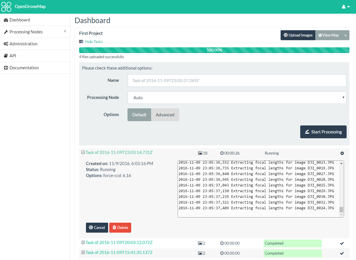 WebODM interface showing uploaded images and processing options