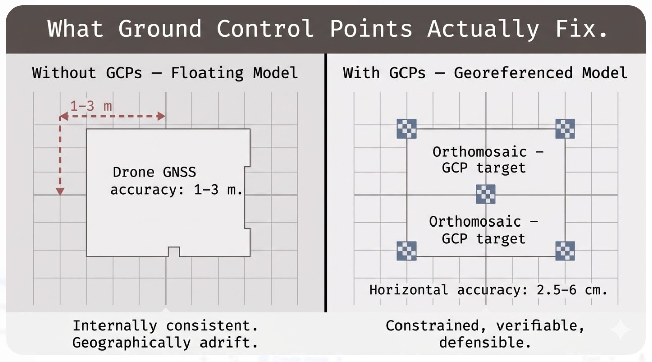 A drone operator placing a ground control point target on site