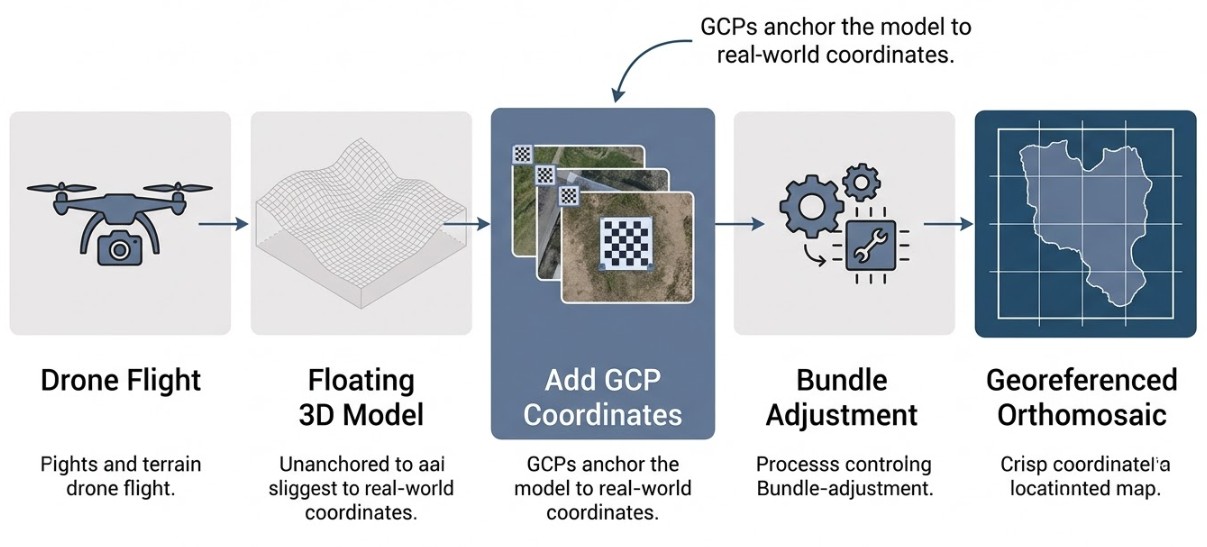 Diagram showing how GCPs anchor a floating photogrammetry model to real-world coordinates