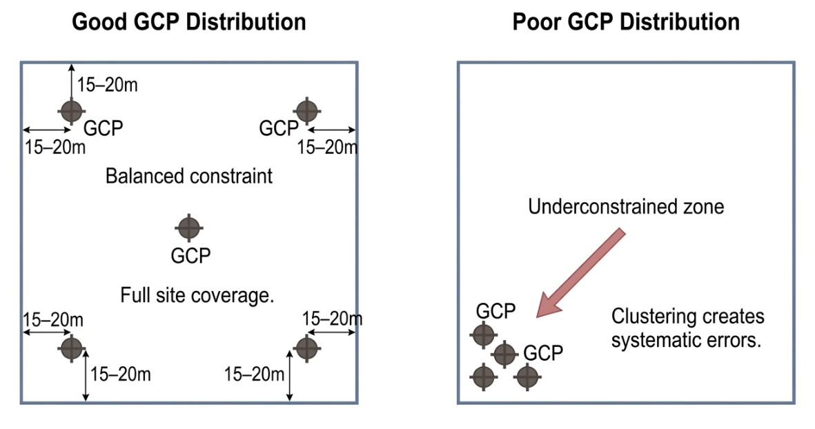 Aerial diagram comparing clustered vs. evenly distributed GCP placement across a survey site