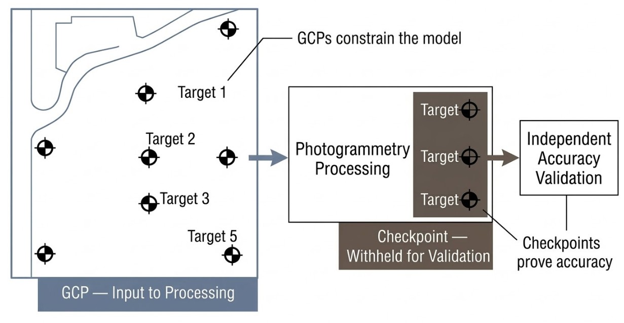 Field notes showing GCP coordinates alongside checkpoint validation results from a drone survey