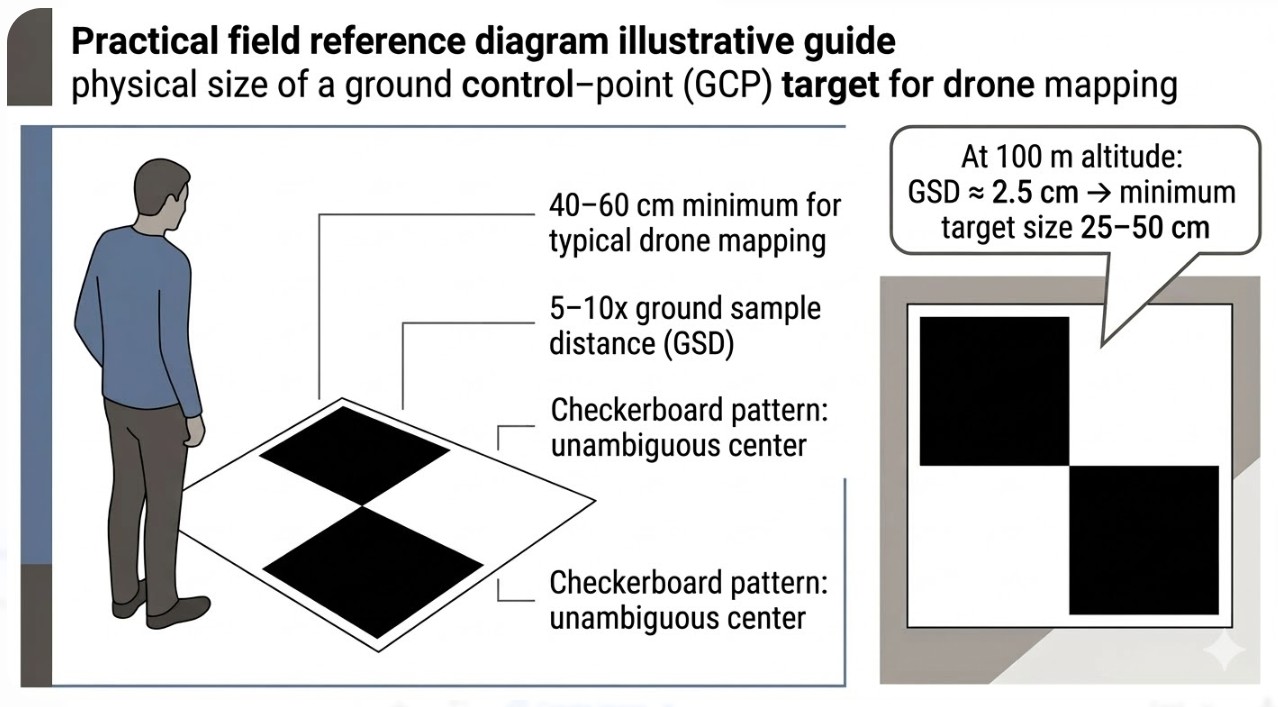 Close-up of a checkerboard GCP target laid on asphalt with an RTK rover positioned over its center